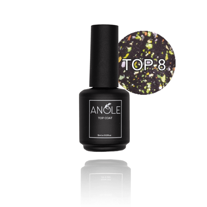 De No Wipe Topcoat 08 van Anole zorgt weken lang voor een geweldige glans en door de mermaid flakes krijg je een heel mooi effect.